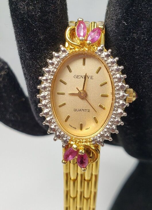 Vtg1960s Geneve Quartz Thailand Movement Gold Womens Oval Watch Rubies Hong Kong main image 11